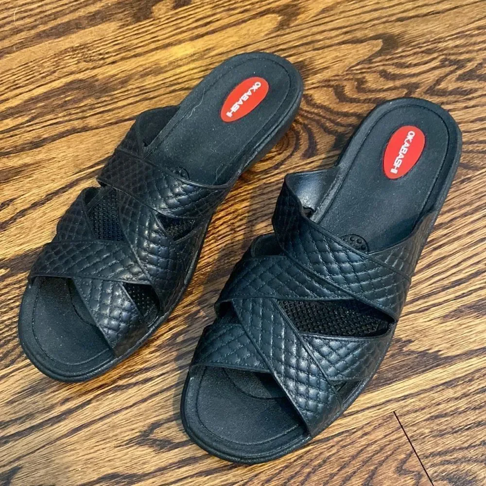 OKABASHI M/L(8-9) Black Venice Cross Strap Slide Sandals Rubber Waterproof
